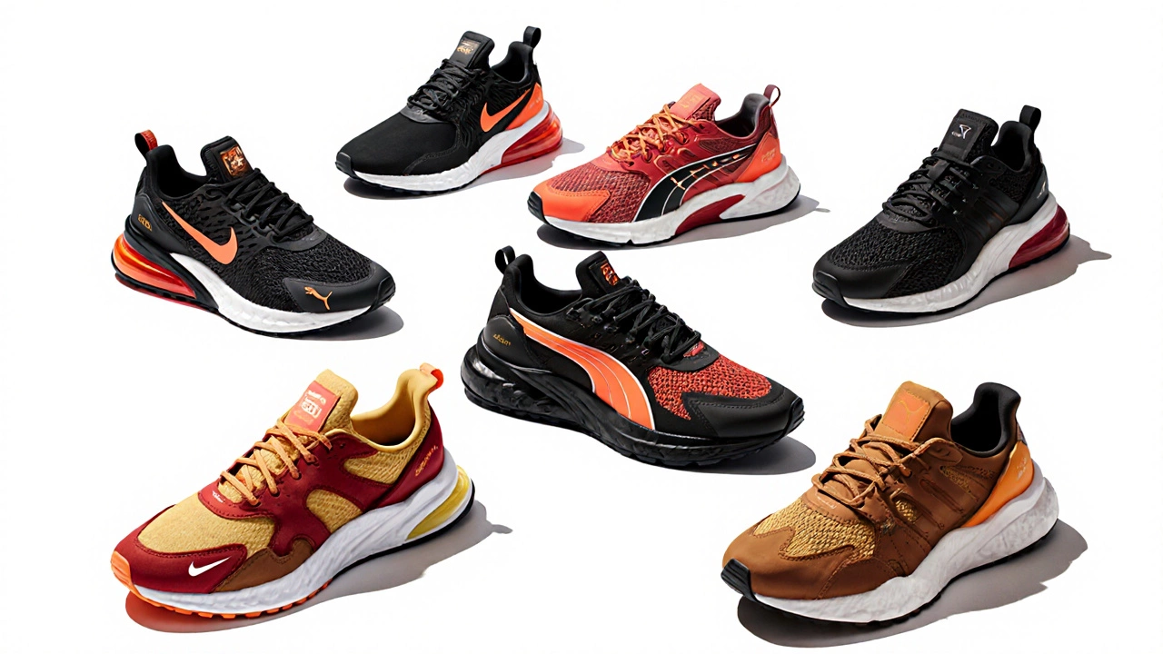 Элегантный набор из семи популярных кроссовок 2024 года на белом фоне.