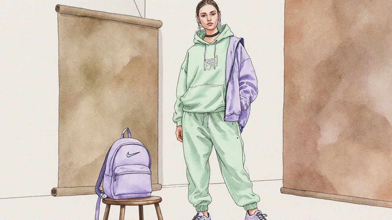 Подросток в athleisure: пастельные джоггеры, oversized худи, кроссовки Nike React.