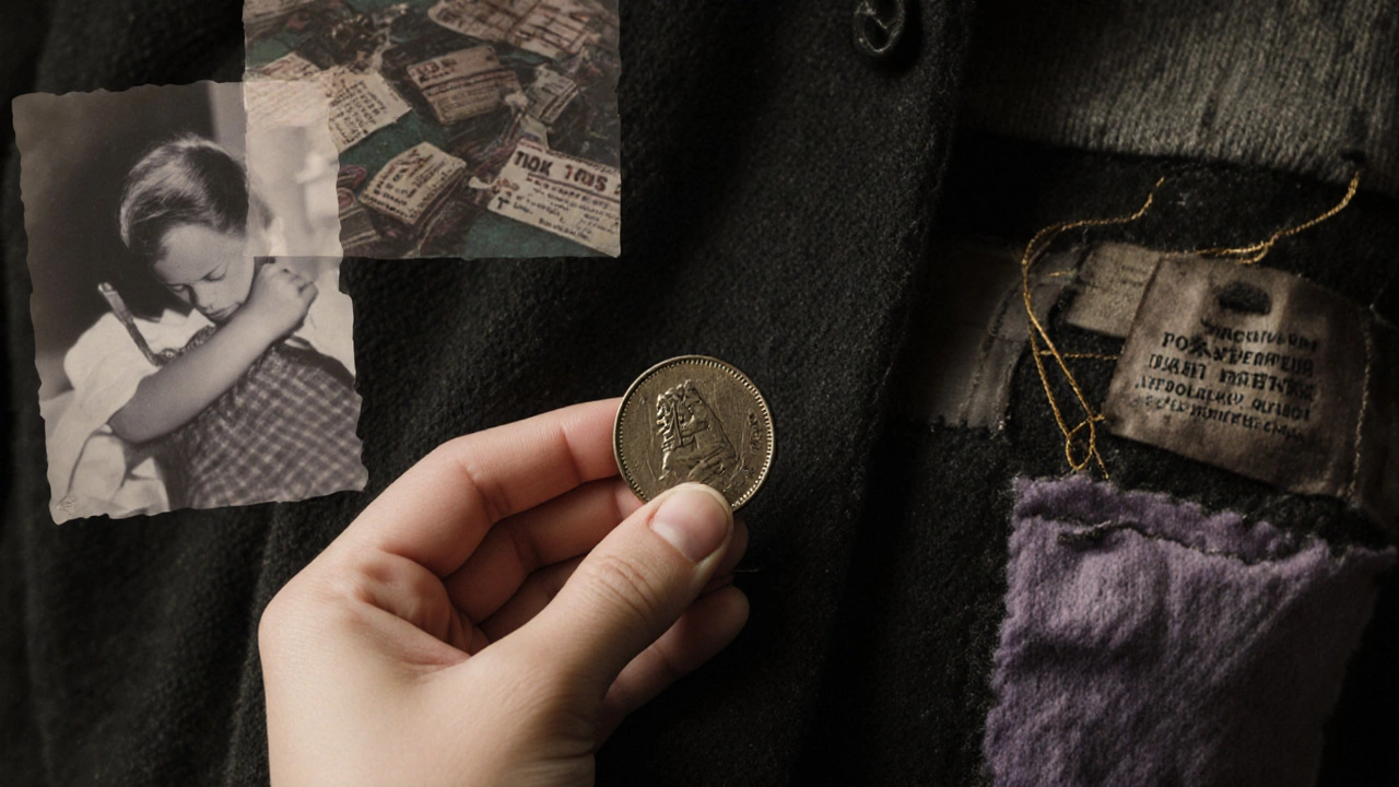 Рука держит брошь из старой монеты на куртке из переработанной шерсти, фон — намёки на воспоминания.