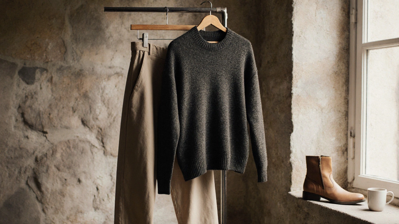 Три нейтральных предмета одежды: брюки, свитер и ботинки в оттенках дымчато-бежевого, угольного и кофейного.