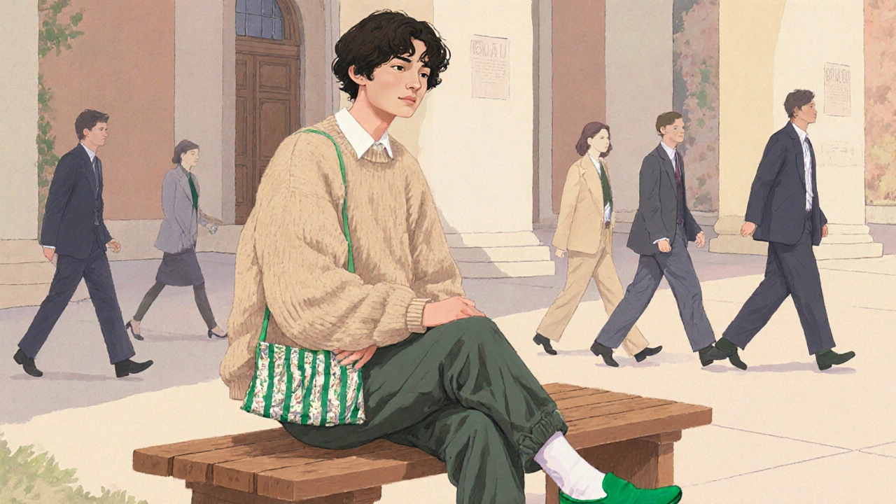 Юноша в удобном свитере и брюках с резинкой сидит на скамейке с мини-сумкой, сшитой из переработанной ткани.