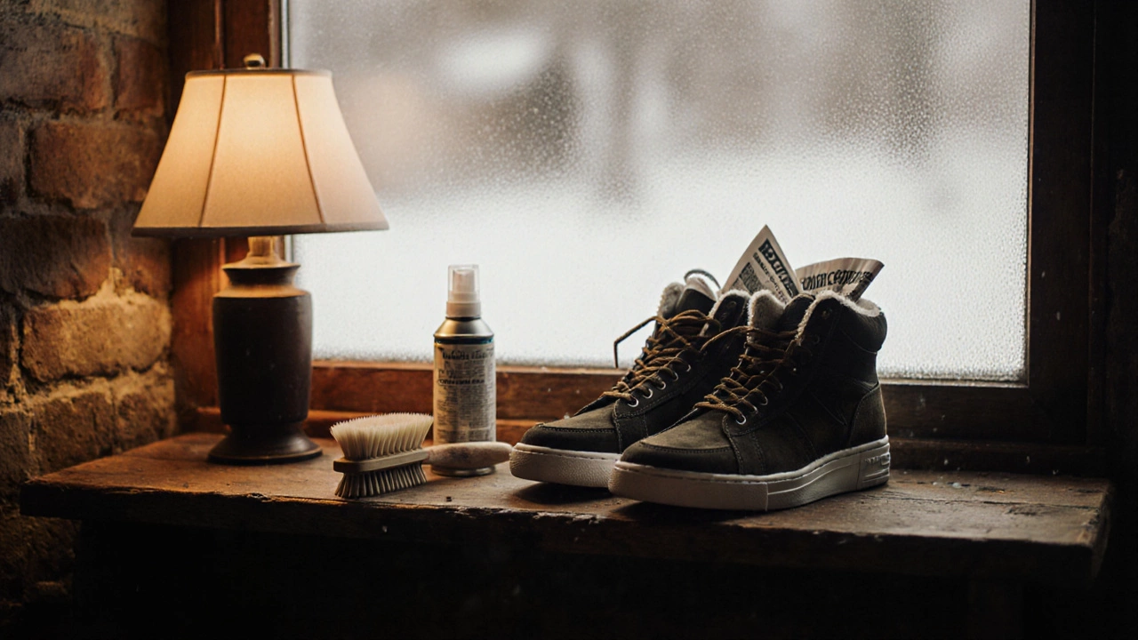 Уютный интерьер с кроссовками, щеткой и спреем для ухода в тёплом свете.
