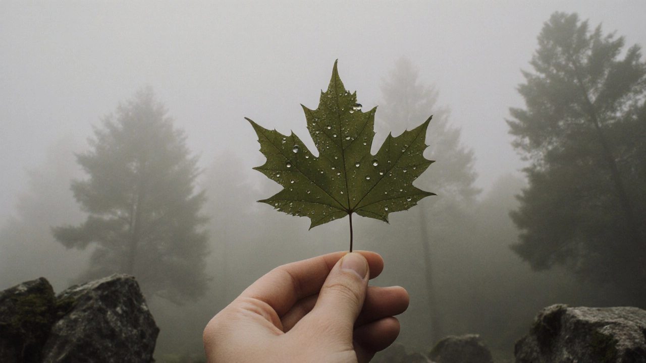 Зеленый лист с каплями росы парит над серым туманом, как символ спокойной природной устойчивости.
