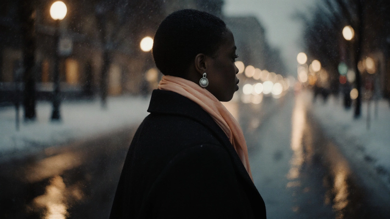 Чёрное пальто с персиковым шарфом и матовыми серебряными украшениями на снежной улице вечером.