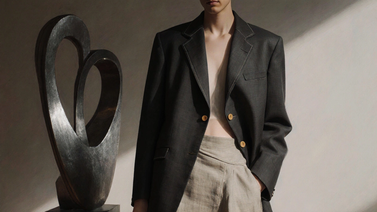 Деконструктивистский костюм с несимметричными швами и деревянными пуговицами в галерее.