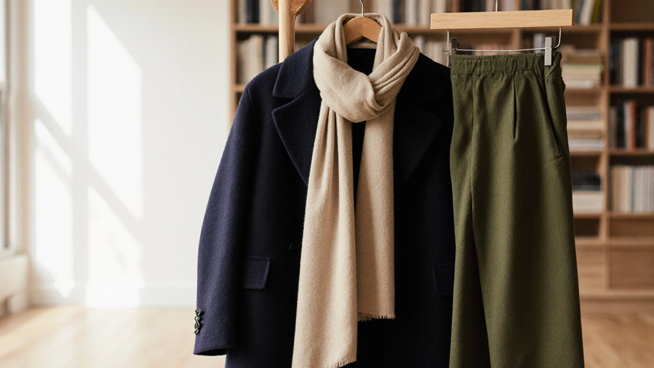 Минималистичная композиция зимней одежды: темно-синее пальто, бежевый шарф и оливковые брюки на деревянной вешалке.