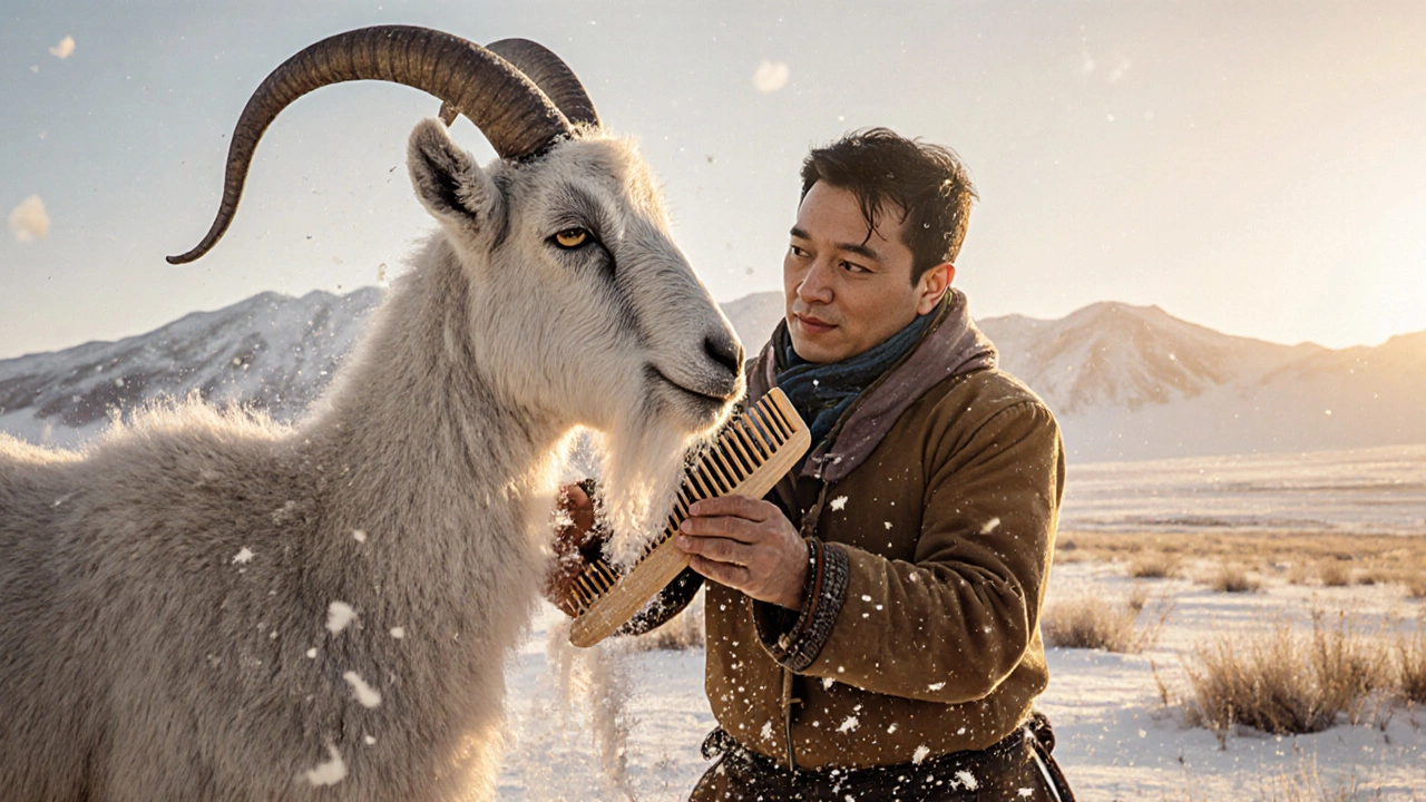 Монгольский пастух вычесывает подшерсток с козы в снежной пустыне.