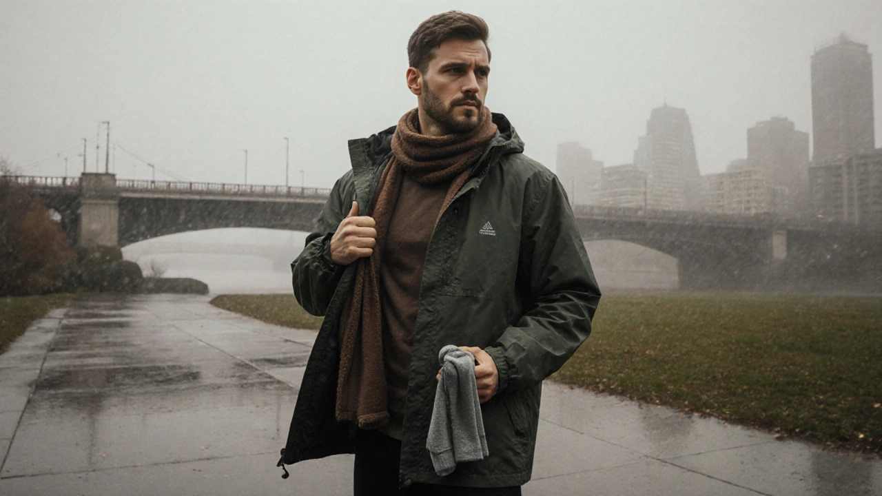 Мужчина снимает ветровку, показывая систему слоев, стоя в тумане парка, в руке складной шарф и сухой носок.