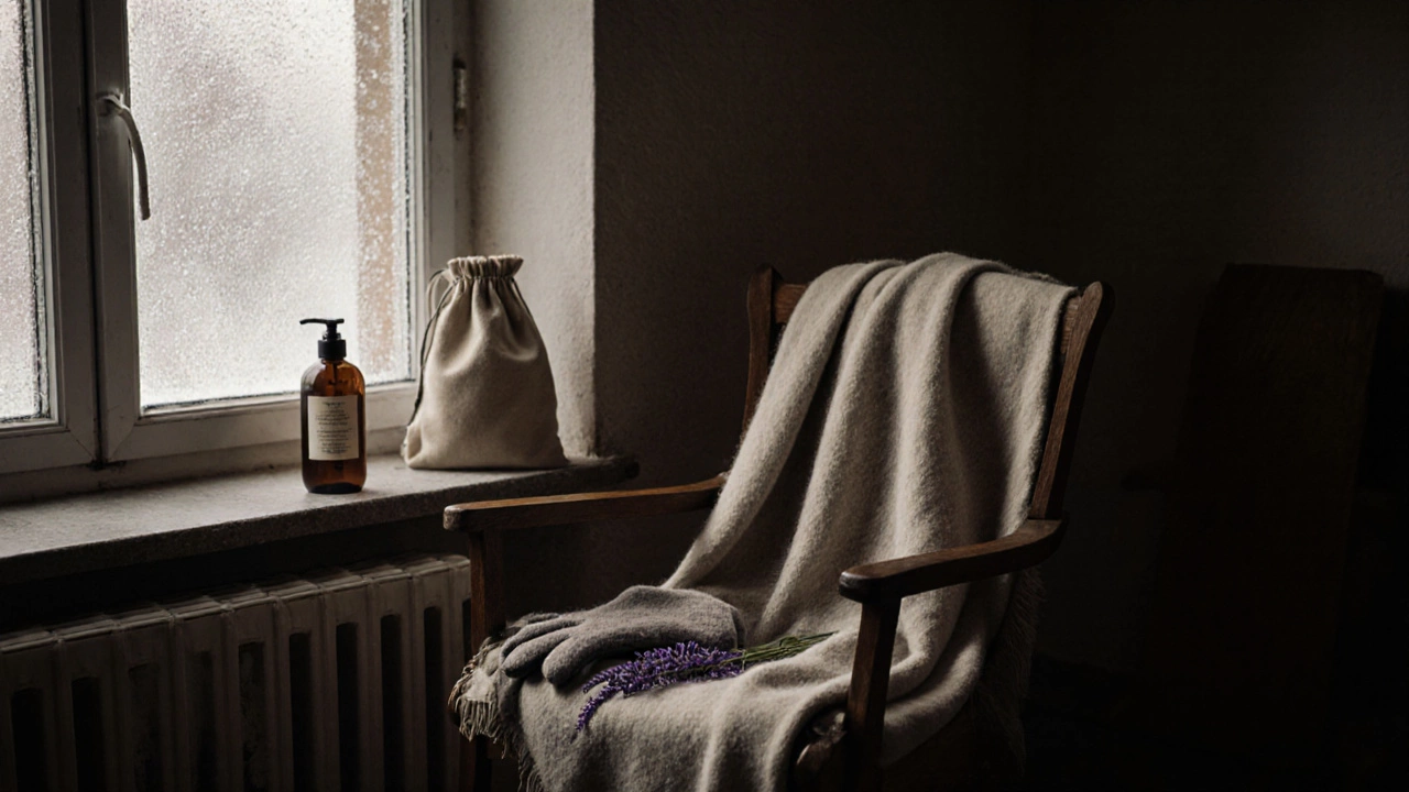 Пашминовый шарф на стуле в зимней комнате с лавандой и хлопковым мешочком.