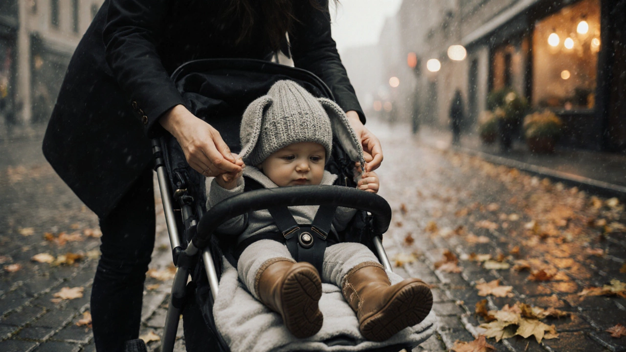 Родитель надевает шапочку на ребёнка в коляске среди осенних листьев.