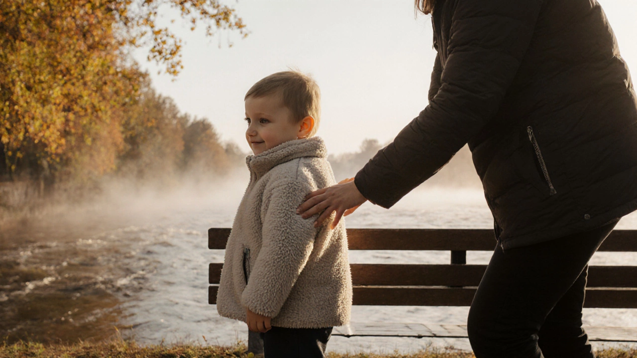 Родитель проверяет спину ребёнка на наличие пота под ветрозащитной курткой.
