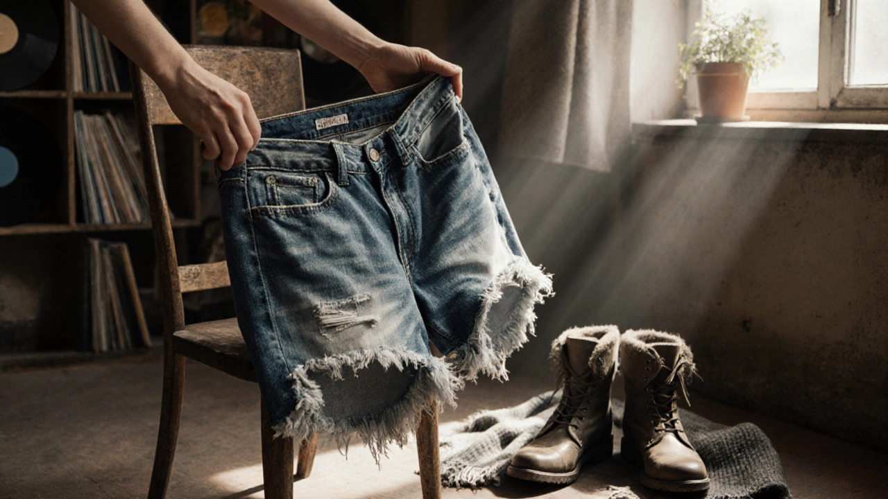 Руки держат потрёпанные джинсы на деревянном стуле, рядом — ботинки и шарф, свет падает через окно.