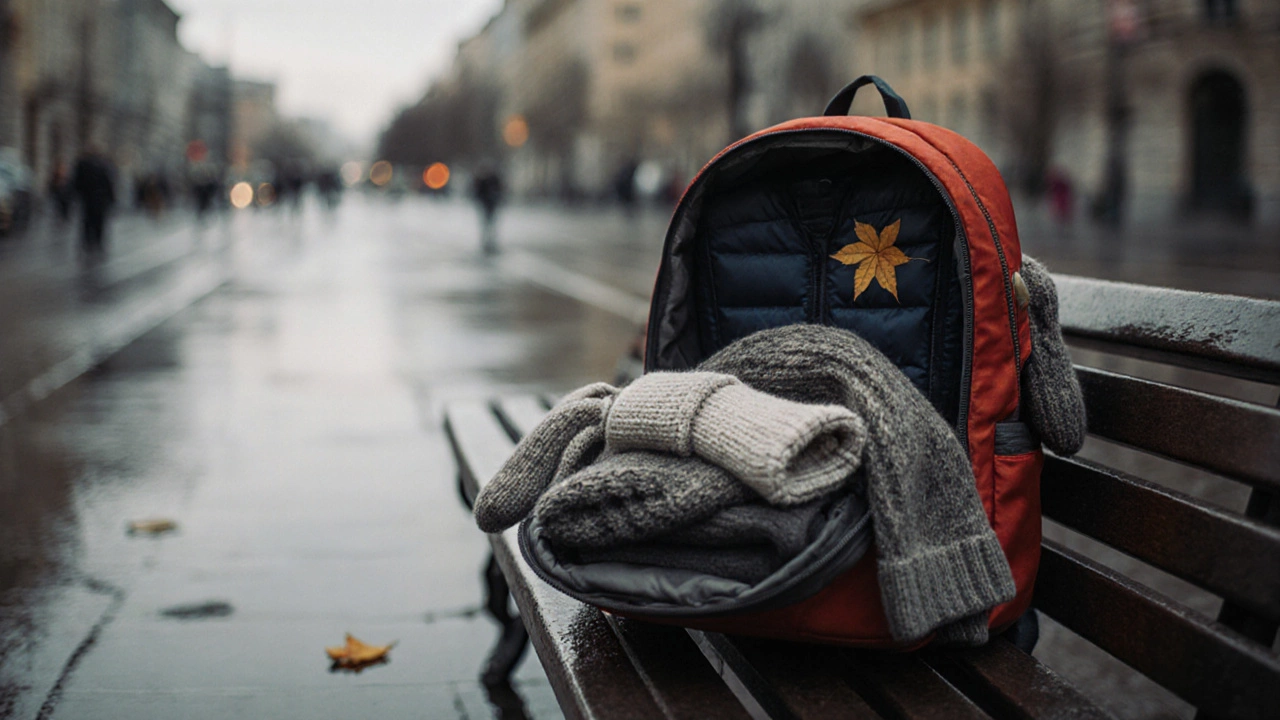Рюкзак с запасными носками, шарфом и перчатками на скамейке в парке.