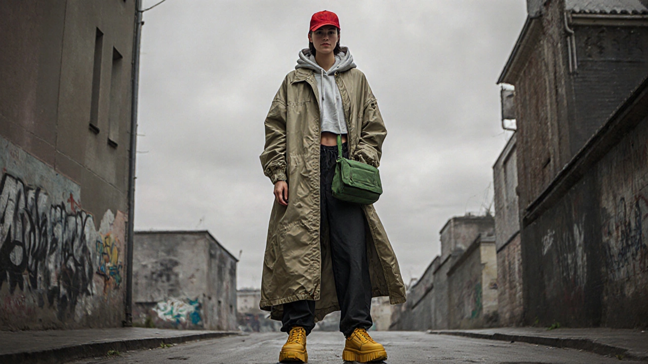 Слоистый уличный образ с оверсайз-курткой, яркими кроссовками и сумкой на сером фоне города.