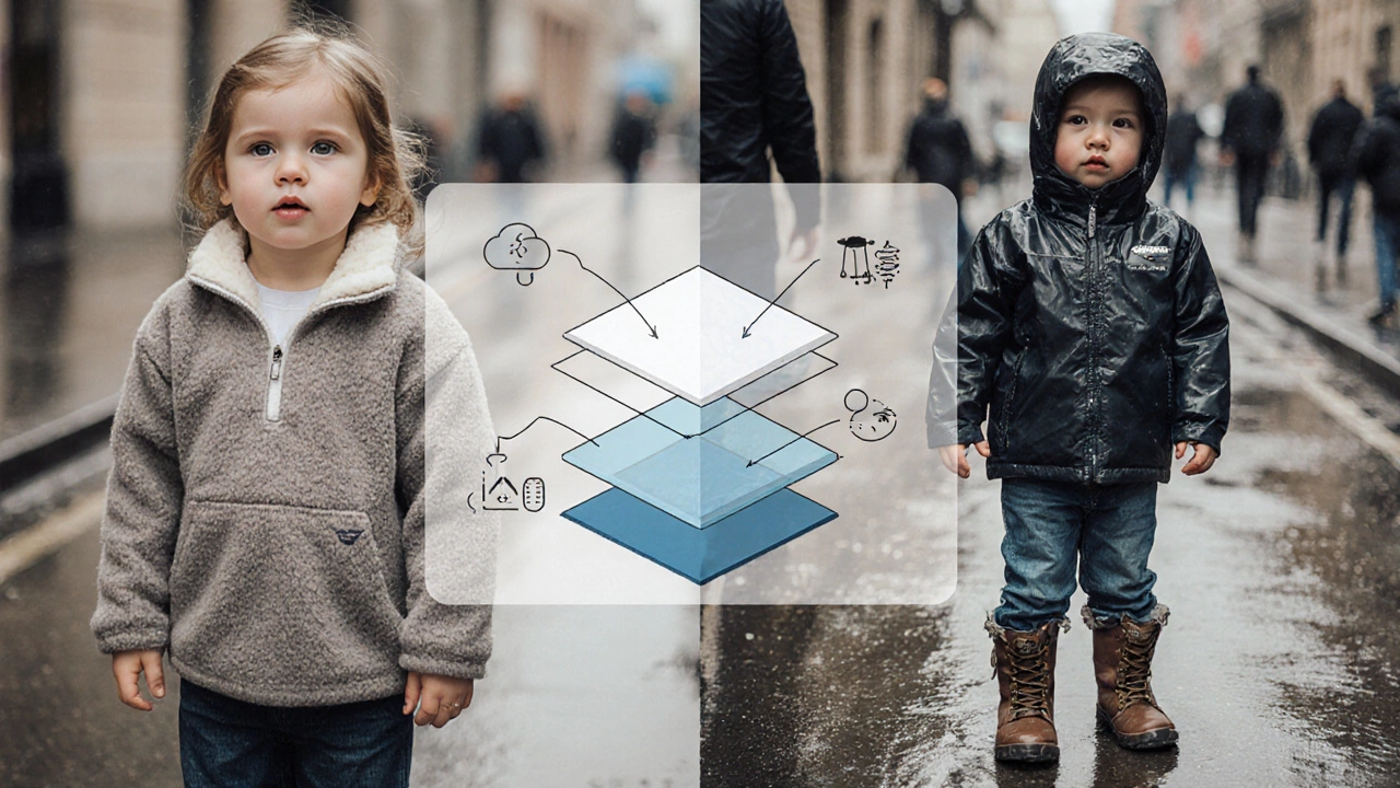 Сравнение правильной и неправильной осенней одежды для ребёнка: слои против хлопка, водонепроницаемые ботинки против обычных кроссовок.