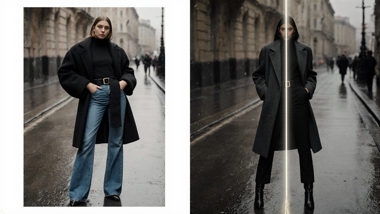 Сравнение: слева — разорванный силуэт с широким пальто и отворотами, справа — единая вертикальная линия в монотонной одежде.