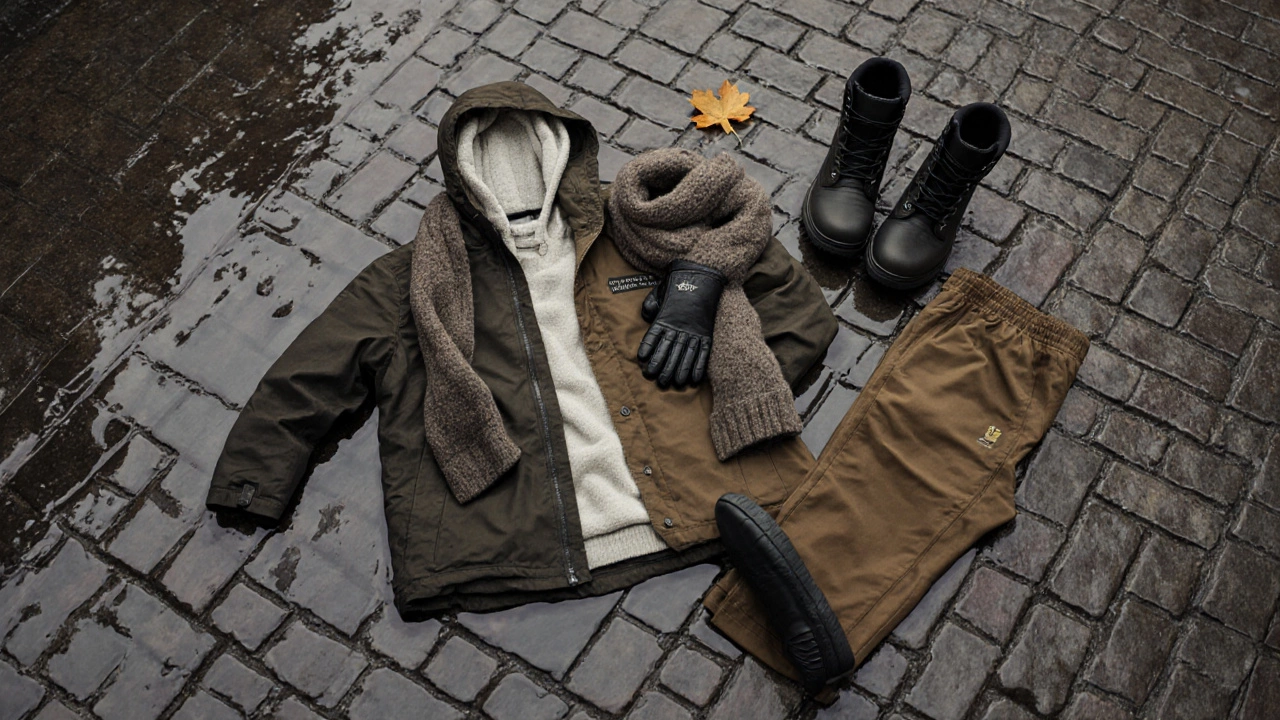 Три слоя одежды для +10°: термобелье, флис, ветровка, шарф и перчатки, аккуратно разложены на мокрой брусчатке.