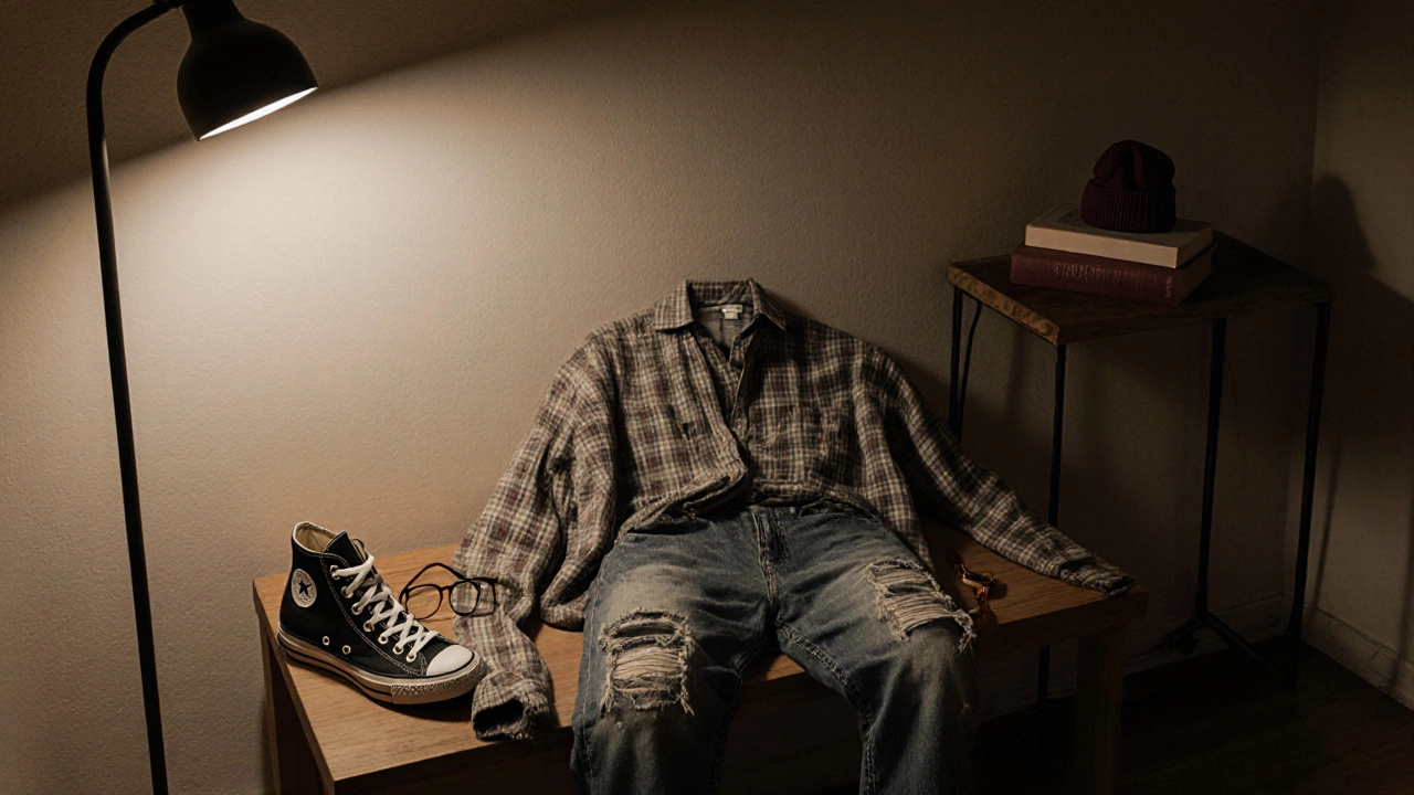Уютный интерьер с разложенными вещами в стиле софт-гранж: худи, кардиган, джинсы, кроссовки и очки на деревянной скамье.