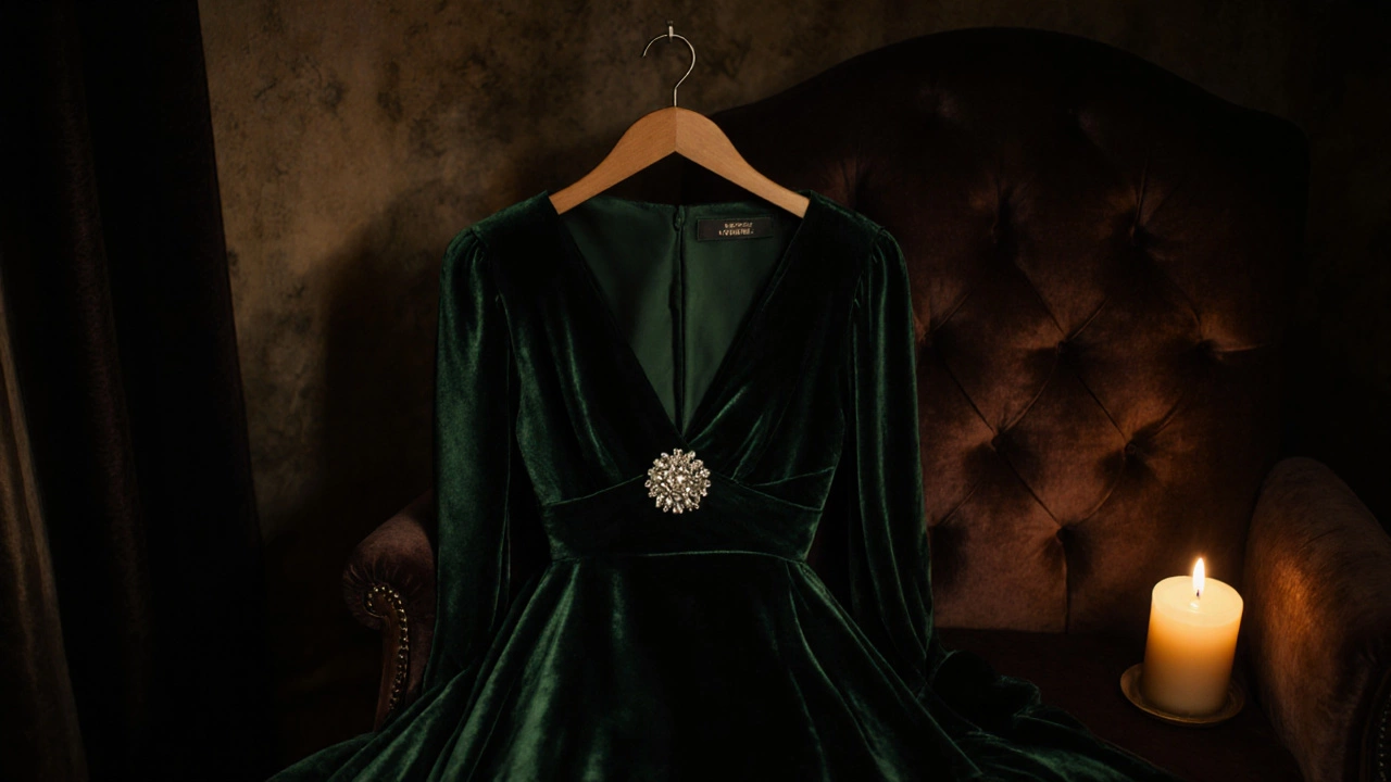 Зелёное бархатное платье с матовой серебряной брошью на деревянной вешалке, свеча светит мягко.