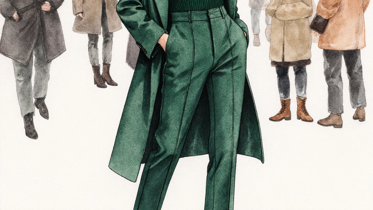 Женщина в однотонных брюках и свитере тёмно-зелёного цвета с вертикальными швами, стоящая в осеннем городе.