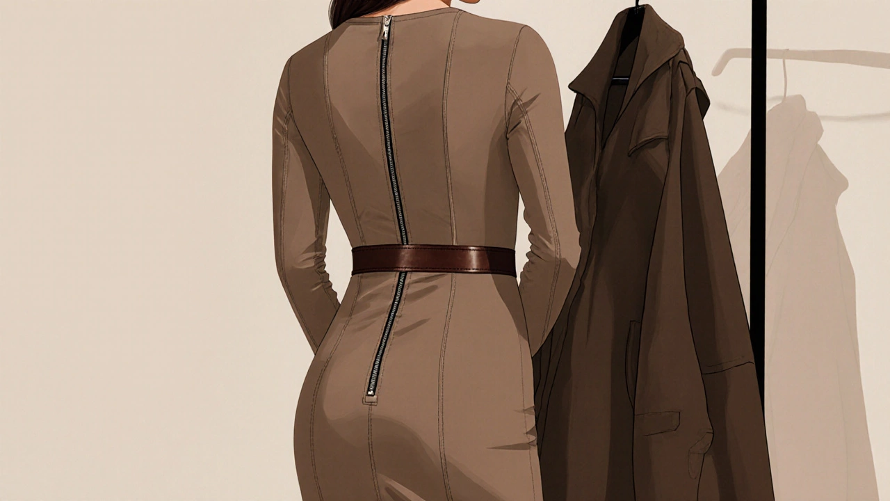 Женщина в платье-карандаш с вертикальной застежкой и тонким поясом, на фоне вешалки.