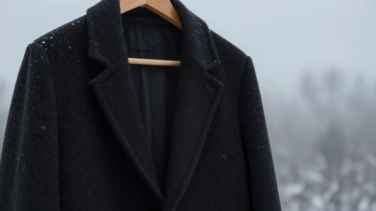 Черное шерстяное пальто с текстурой и тонким снежным блеском на вешалке.