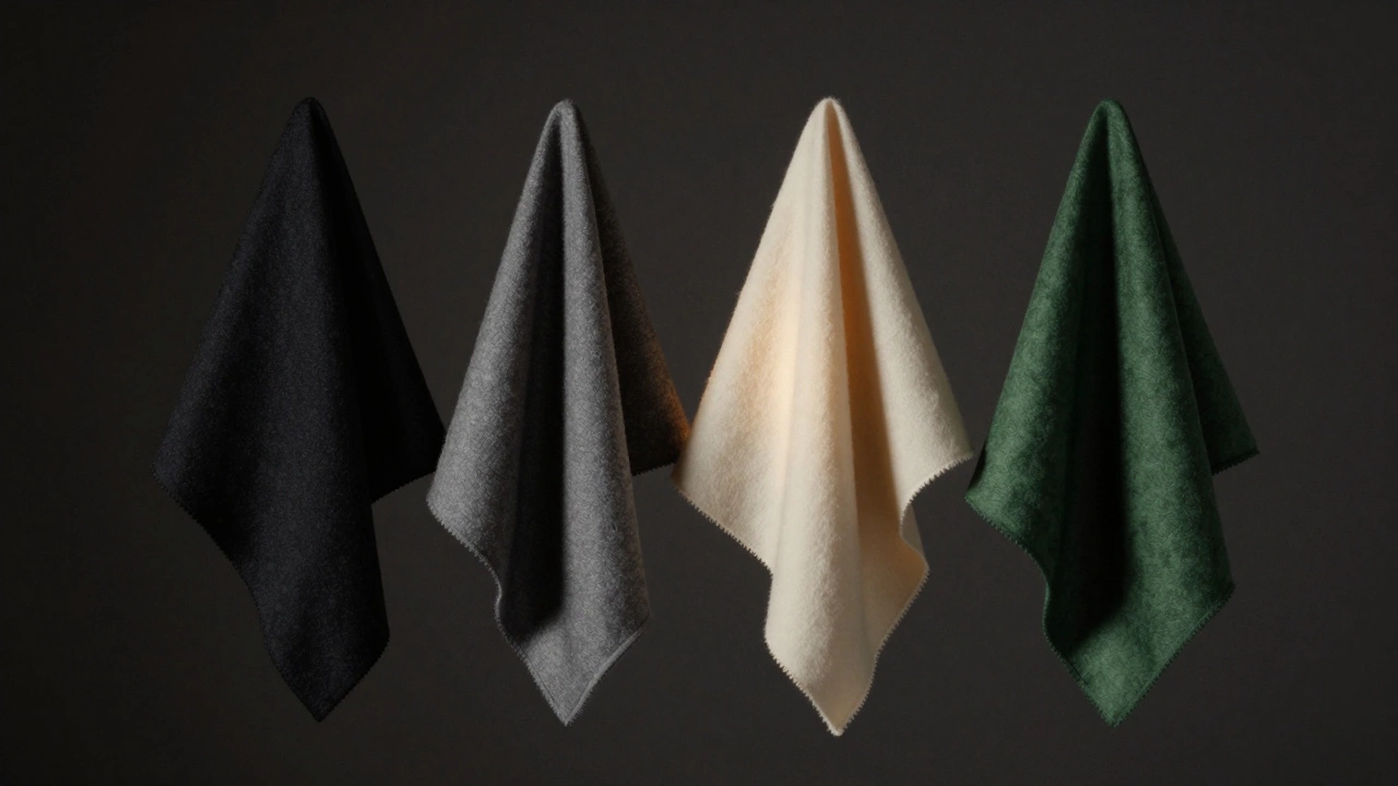 Четыре образца роскошной ткани: черный, серый, кремовый и темно-зеленый, плавающие в темноте, без надписей.