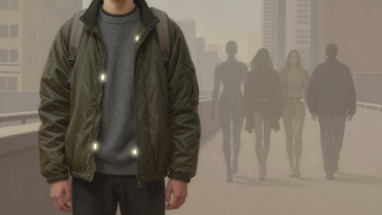 Фигура из слоёв функциональной одежды, позади — исчезающие яркие тренды 90-х, впереди — спокойный путь в нейтральных тонах.