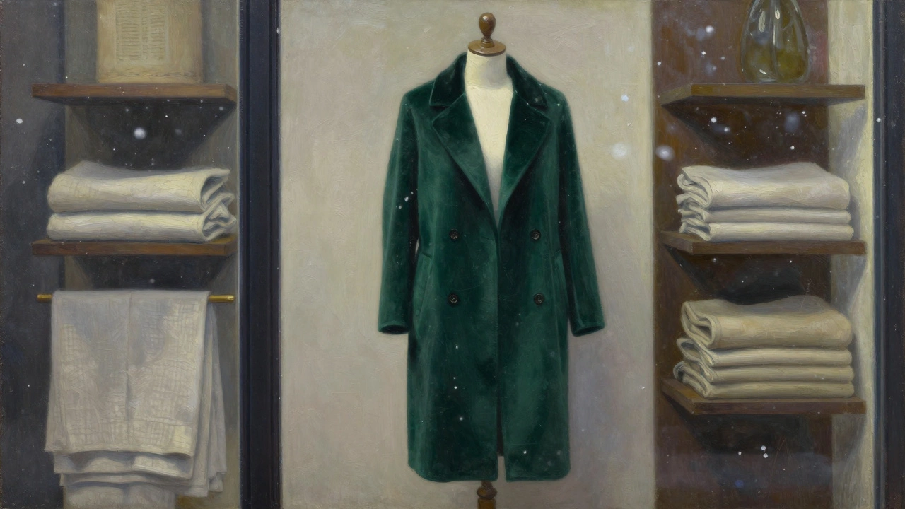 Глубокий изумрудный шерстяной пиджак в витрине магазина на фоне нейтральных тканей.