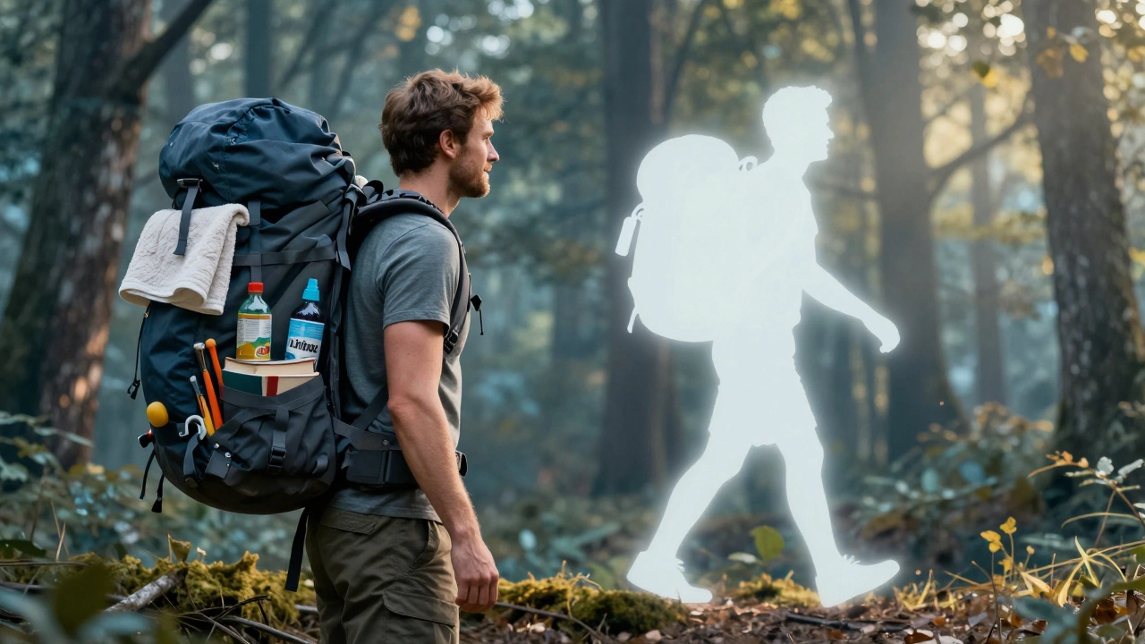 Контраст: один мужчина с тяжёлым рюкзаком, другой — с лёгким, идущий в лес.