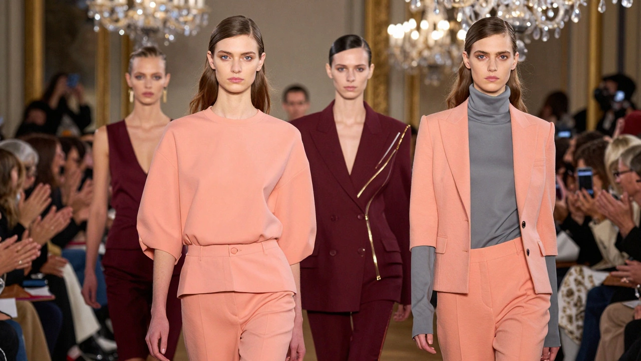 Модели на парижской неделе моды в ярких тонах персикового, бордового и золотого.