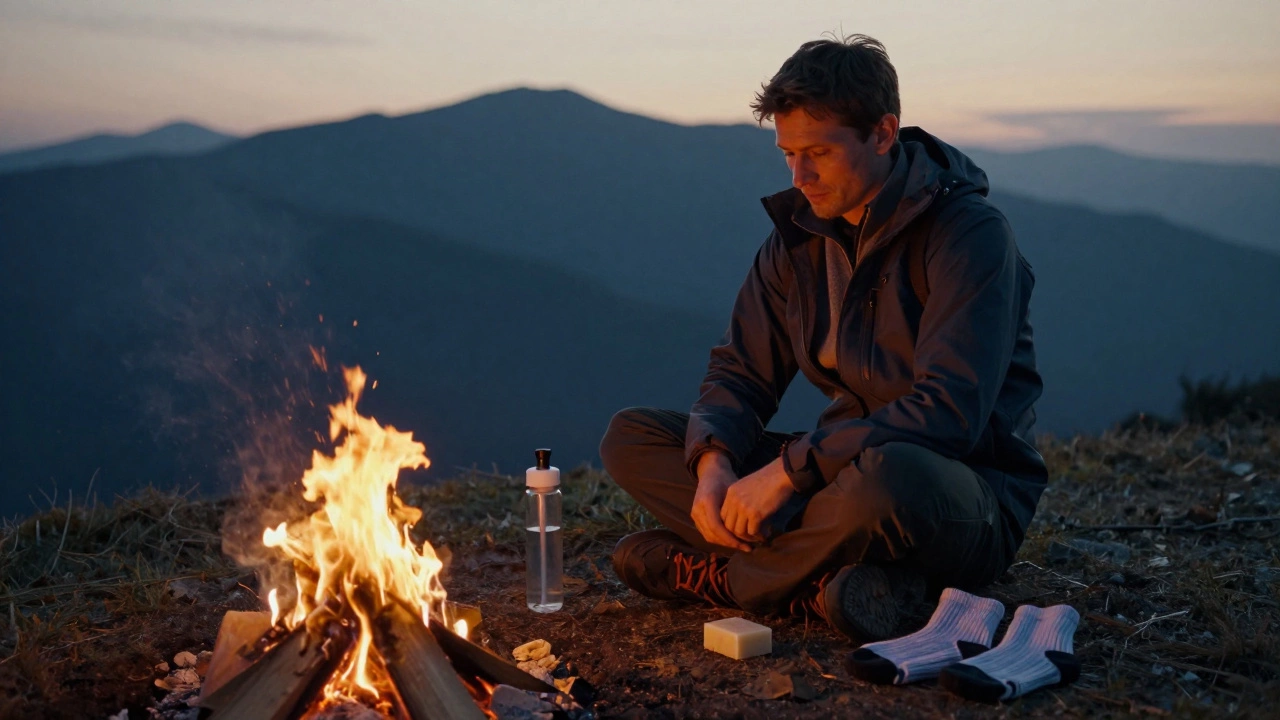 Мужчина у костра с минимальным снаряжением: мыло, фильтр и синтетические носки.
