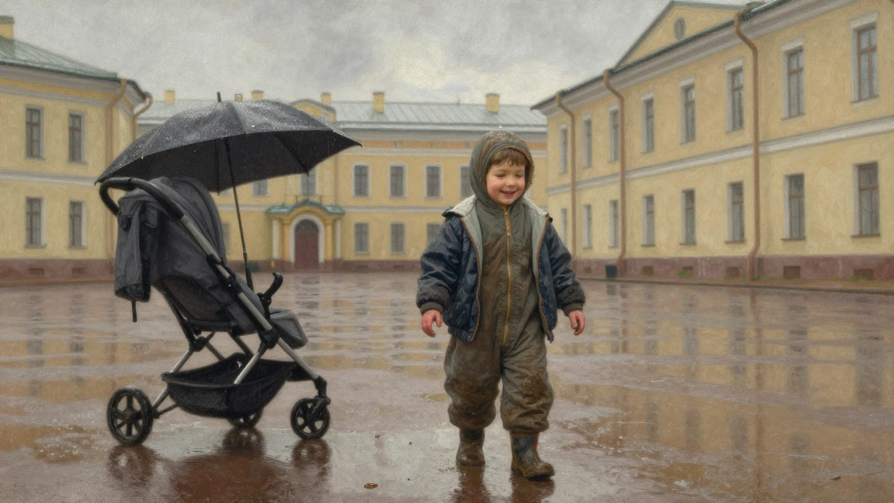 Ребенок играет во дворе в демисезонном комбинезоне с снятой ветровкой, на земле лужи, пасмурное небо.