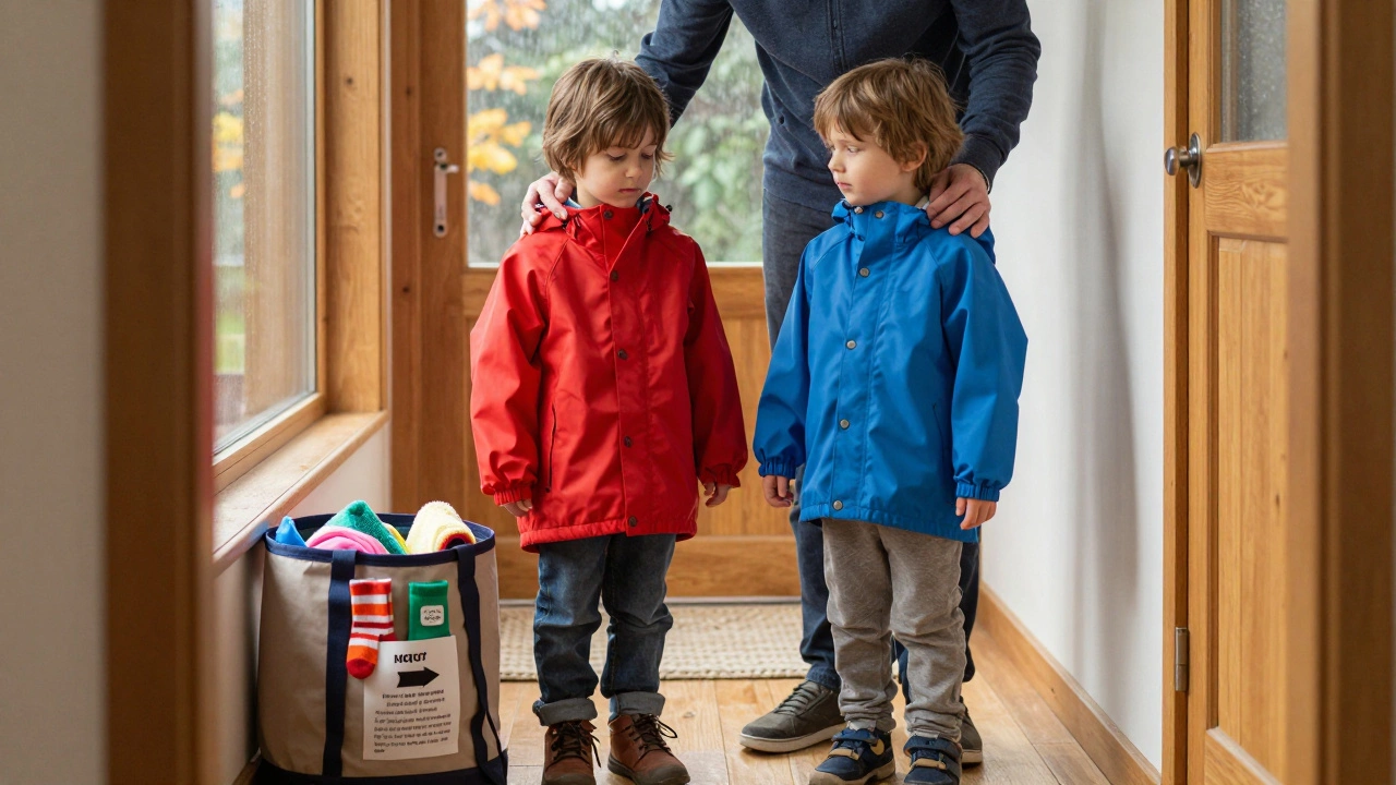 Родитель помогает ребенку выбрать между красной и синей курткой, рядом лежит сумка с запасной одеждой.