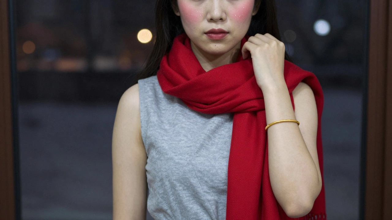 Серое платье оживлено золотыми украшениями и красным шарфом в зимнем интерьере.