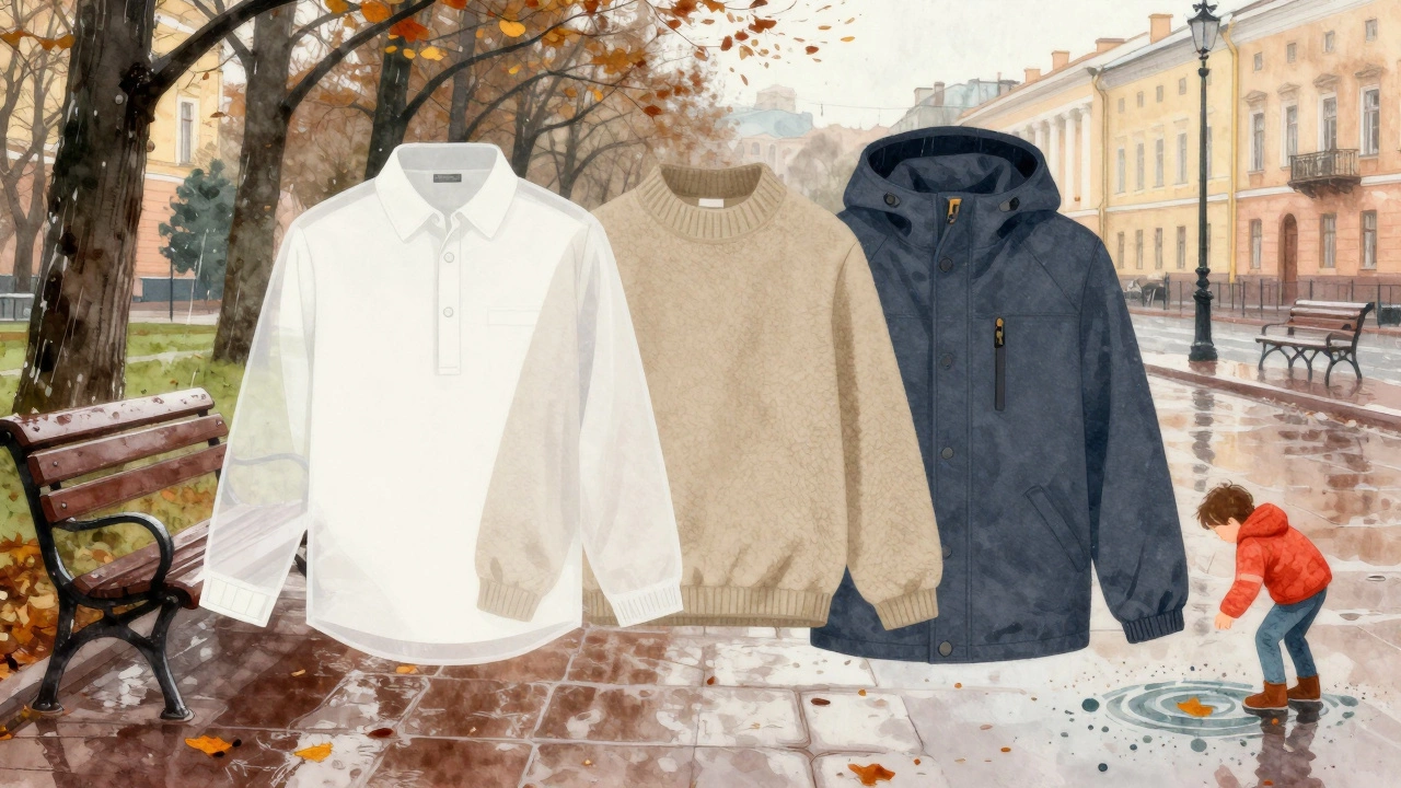 Схема трех слоев детской осенней одежды: хлопок, флис и водонепроницаемая куртка на фоне дождливого парка.