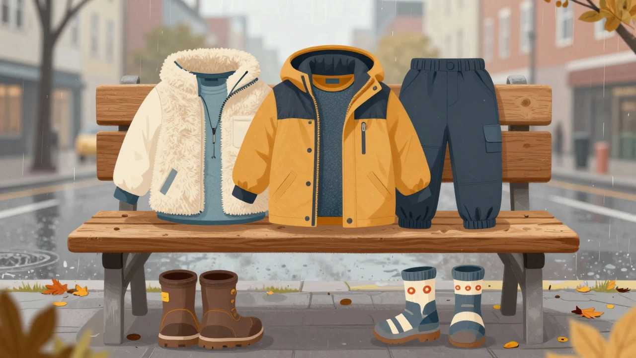 Схема трёхслойной детской одежды для осени: термобельё, флис, водонепроницаемая куртка, брюки и ботинки на столе.