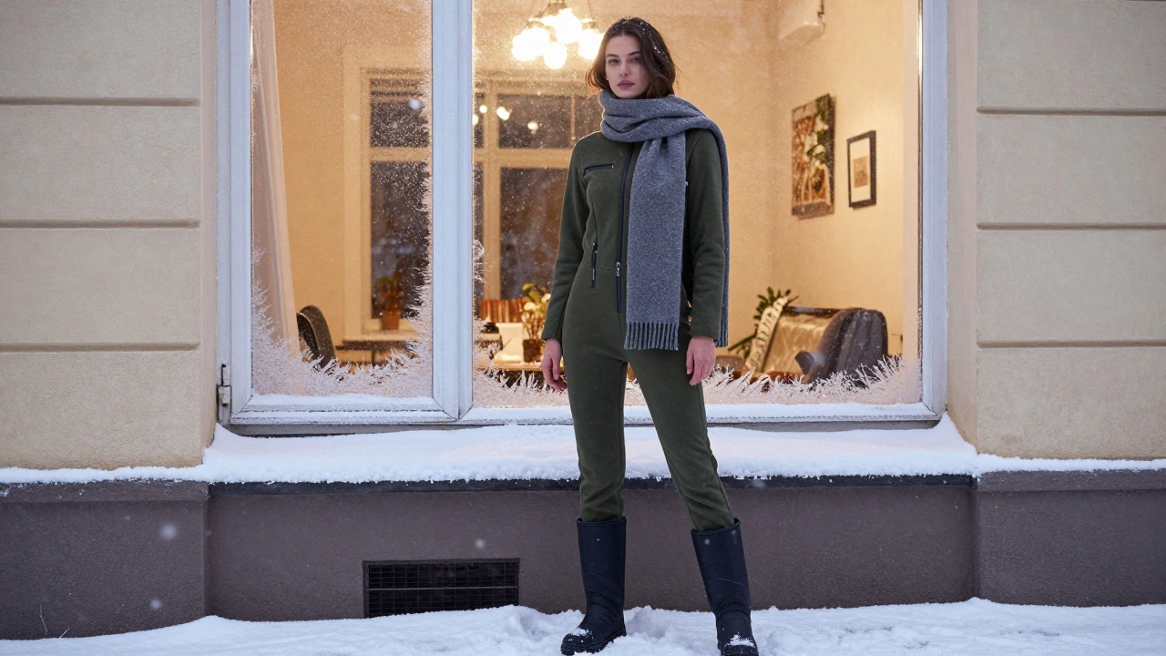 Современный термокомбинезон на женщине у окна с видом на падающий снег, в теплом свете квартиры.