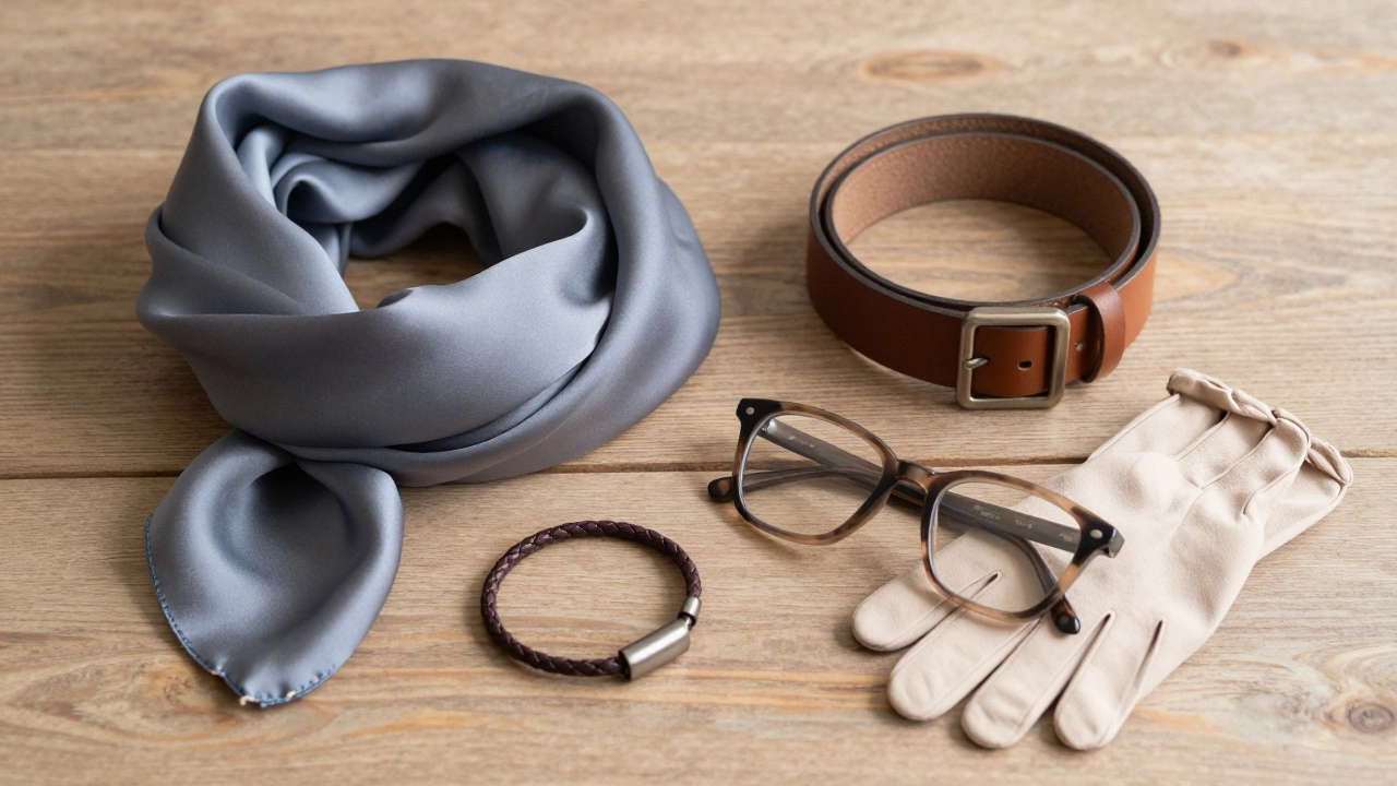 Три аксессуара 2024 года: шарф, браслет и пояс, расположенные на деревянной поверхности в естественном свете.