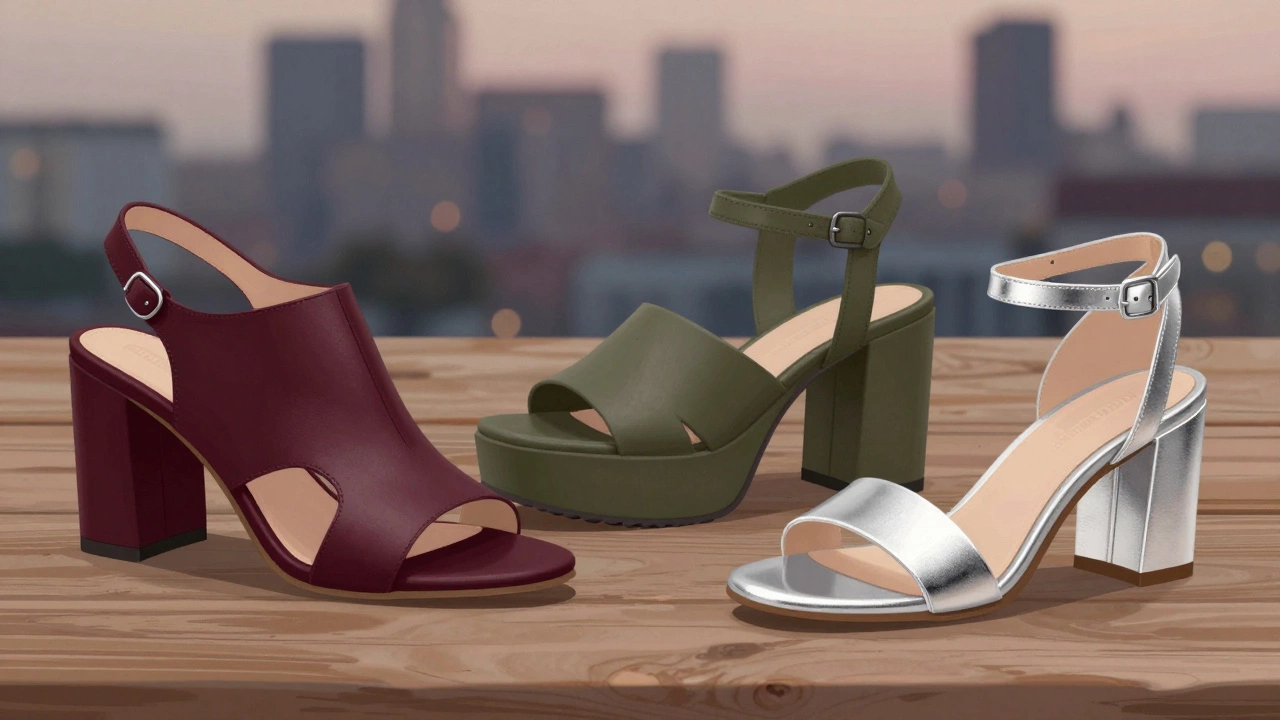 Три пары босоножек 2024 года: бордовые, оливковые и серебристые, с текстурами кожи и платформой на деревянной поверхности.