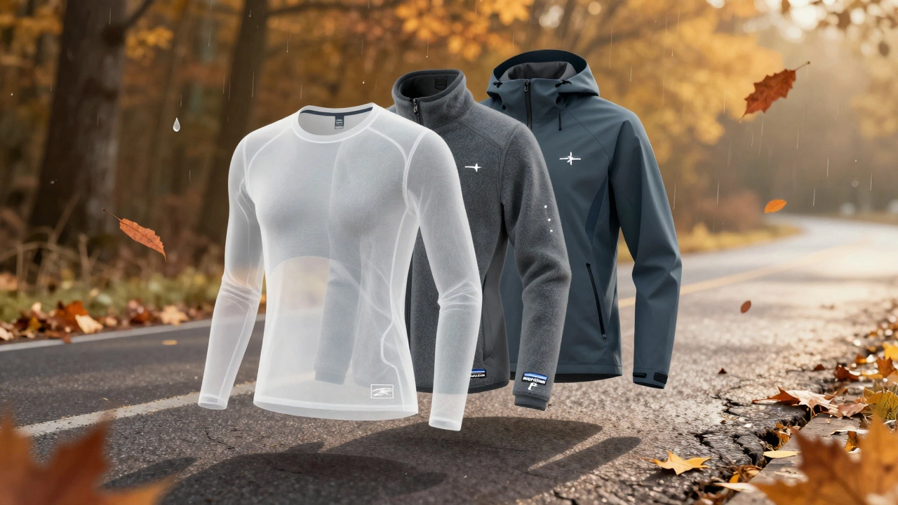 Три слоя беговой одежды: базовый, утепляющий и ветрозащитный, с брендами Gore-Tex, Salomon и Patagonia, на фоне мокрых листьев и капель дождя.