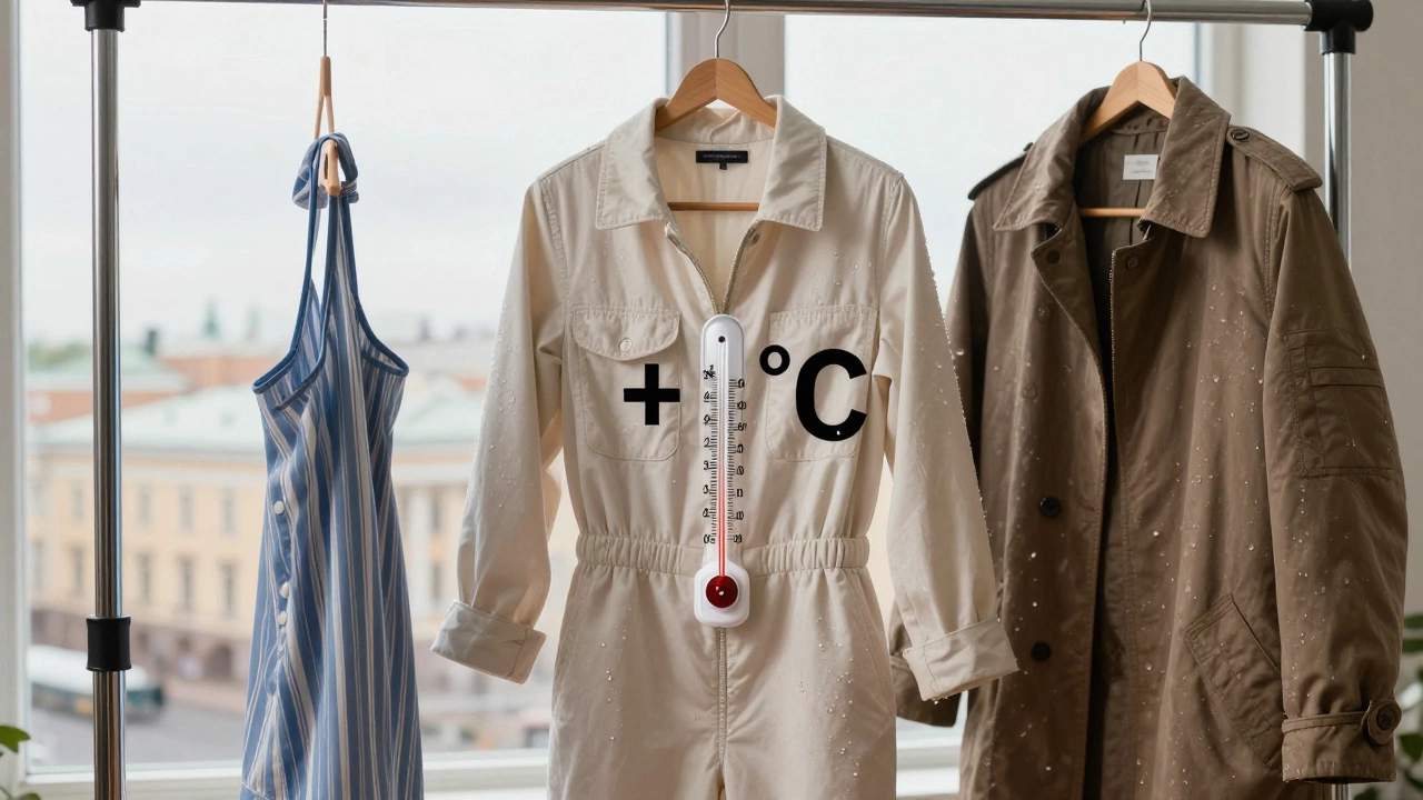 Три вида детской одежды на вешалке: демисезонный комбинезон посередине, термометр показывает +5°C, капли воды на ткани.