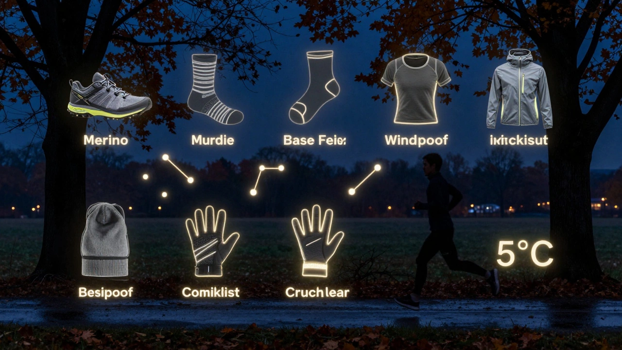 Восемь ключевых предметов экипировки бегуна светятся в темноте, вокруг силуэта бегуна в осеннем парке при 5°C.
