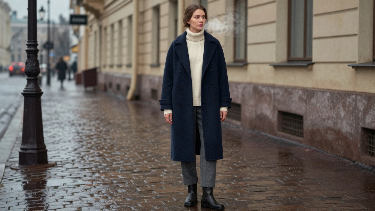 Женщина в длинном шерстяном пальто и слоистой одежде стоит на мокрой улице в зимнем Петербурге.