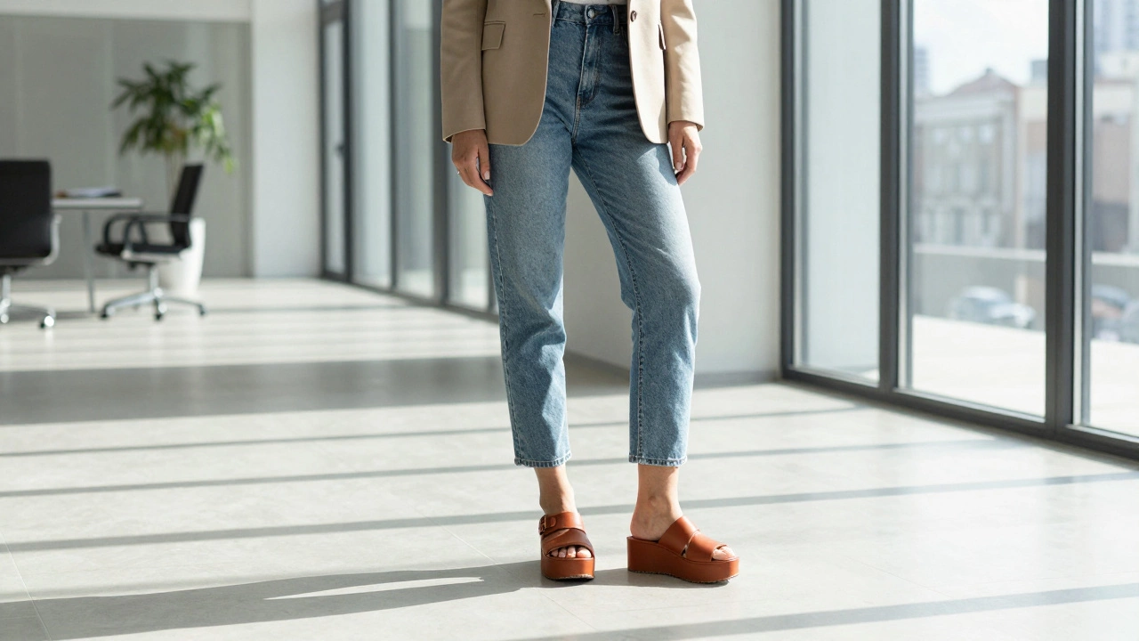 Женщина в офисе в брючном костюме и босоножках терракотового цвета, без носков, на фоне солнечного окна.