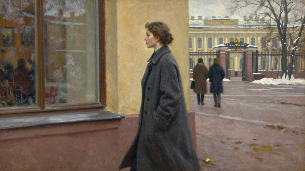 Женщина в сером пальто у Эрмитажа, свет заката мягко освещает ткань, вокруг — зимний Санкт-Петербург.