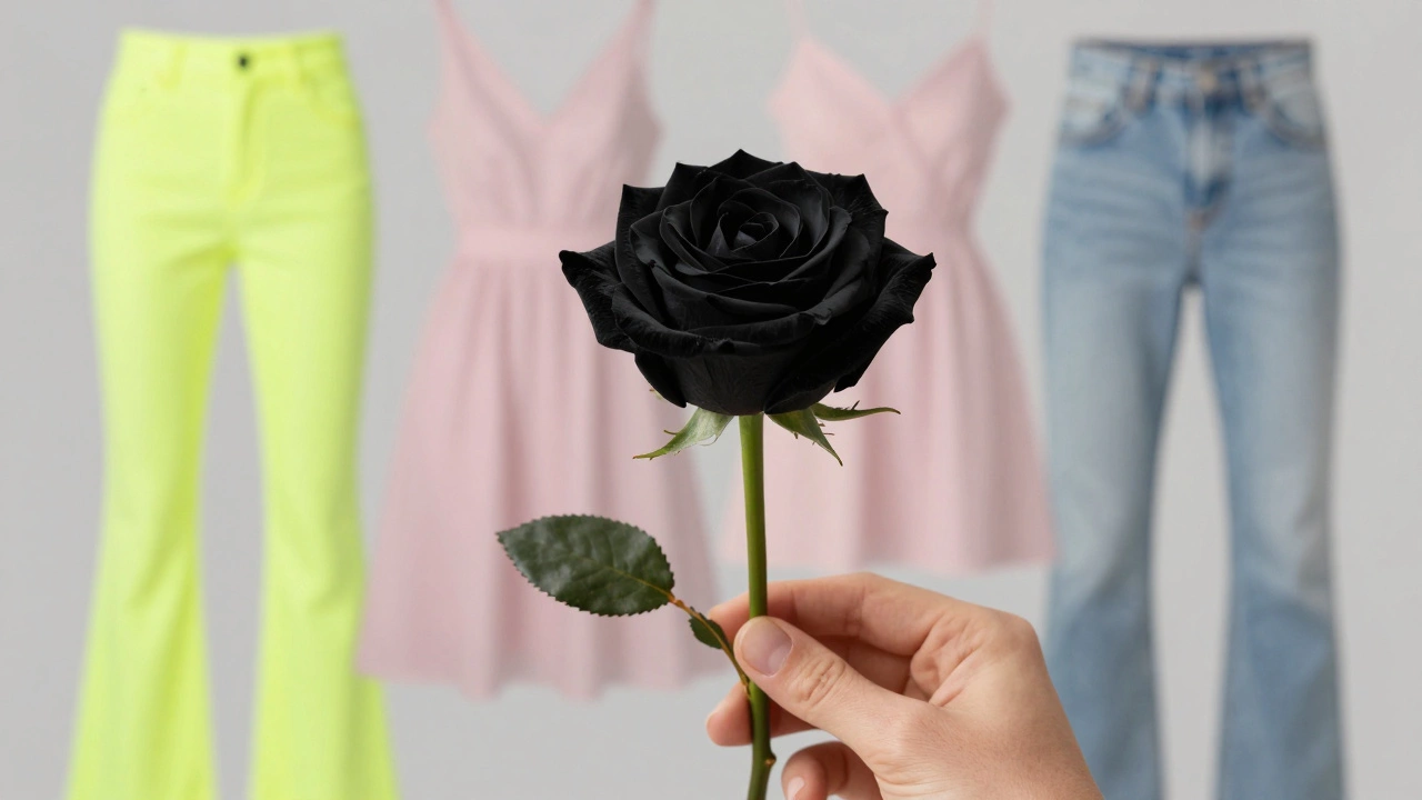 Черная роза на фоне затухающих модных трендов, символизирующая вечную элегантность.