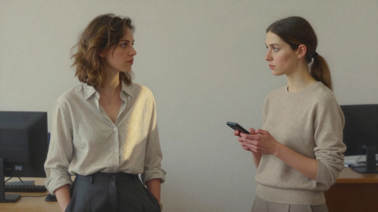 Две женщины в одинаковой одежде: одна уверенно смотрит в глаза, другая нервно смотрит на телефон.