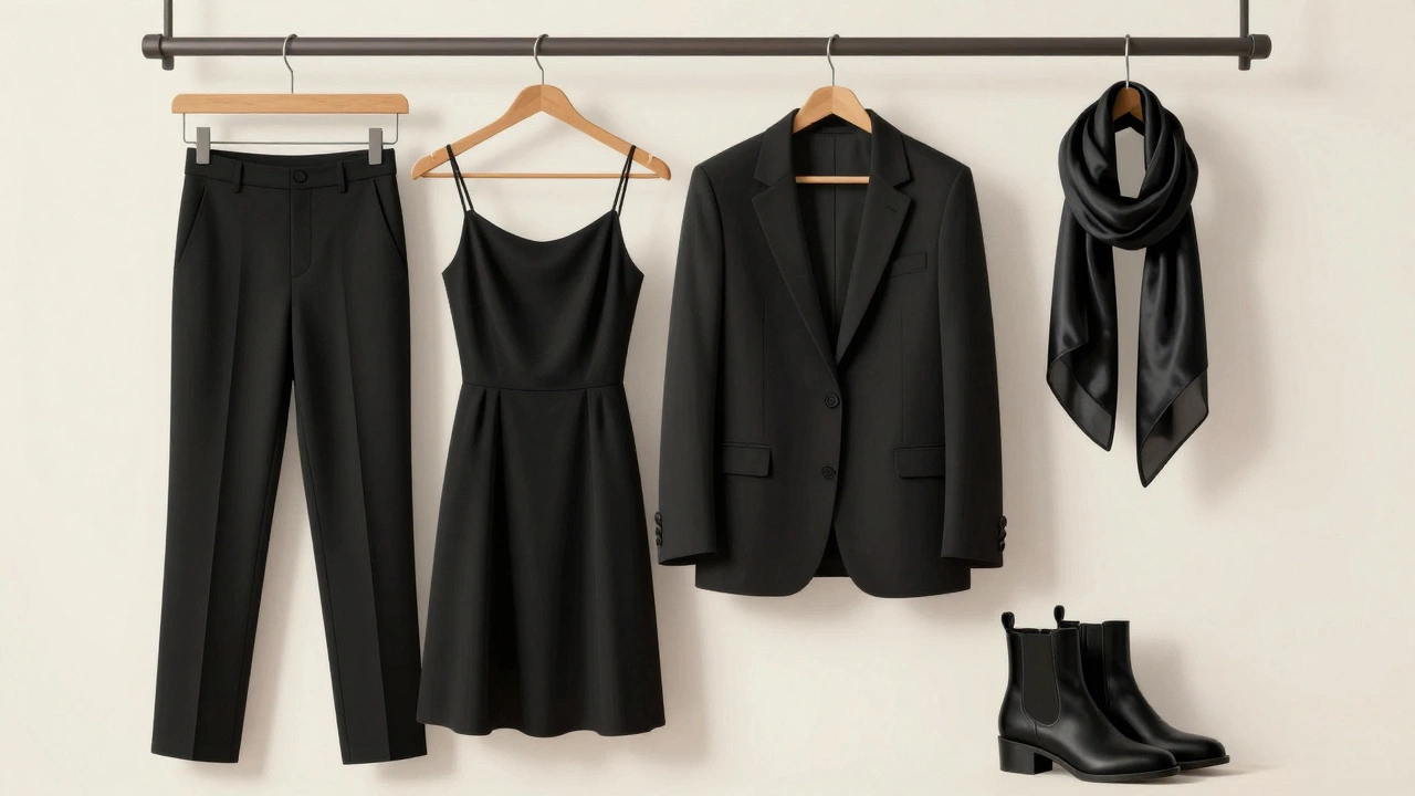 Минималистичная композиция черной одежды с разными текстурами на деревянной вешалке.