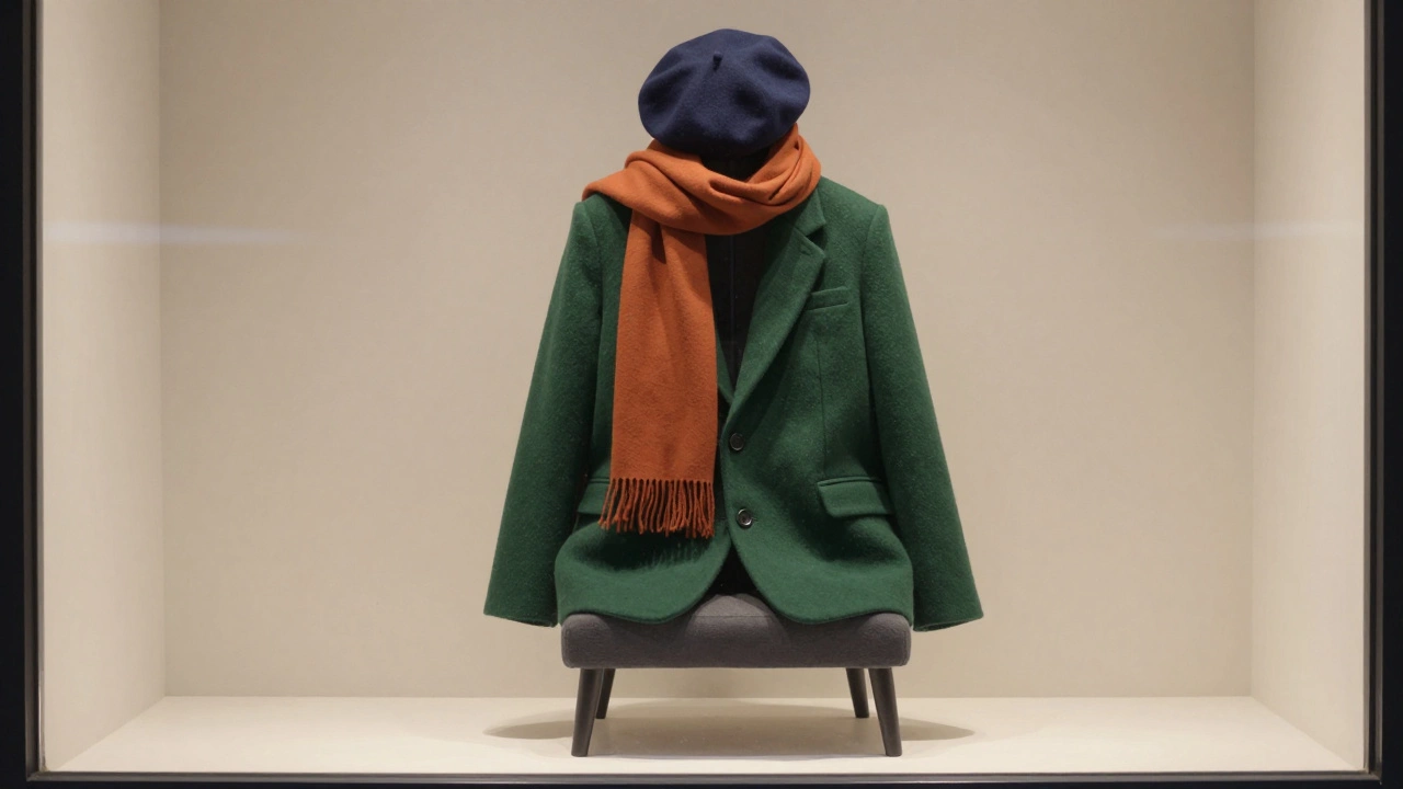 Минималистичная витрина с темно-зеленым пиджаком, оранжевым шарфом и темно-синей шапкой.